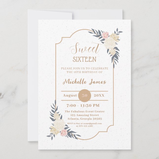 Elegant Floral 16 . Geburtstag Einladung (Vorderseite)