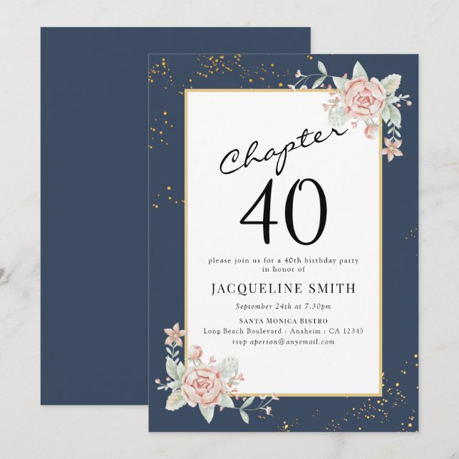 Elegant Floral 40. Geburtstag Einladung (Vorne/Hinten)