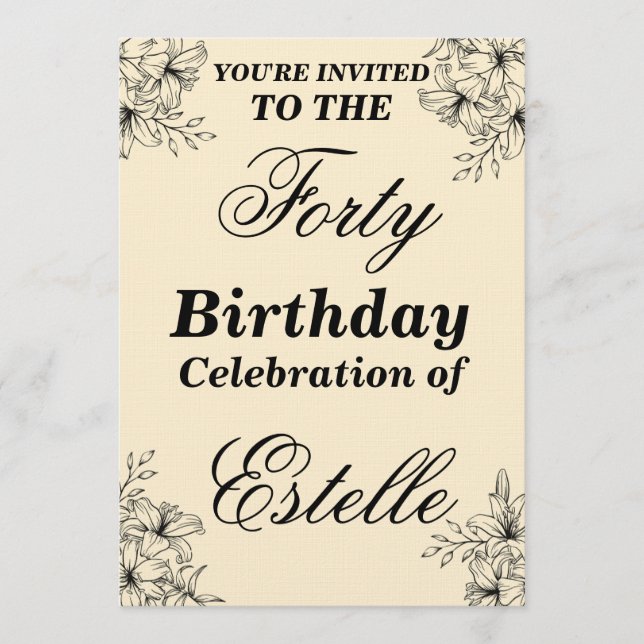 Elegant Floral 40th Birthday Invitation Template Einladung (Vorderseite)