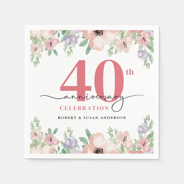 Elegant Floral 40th Wedding Anniversary Serviette (Vorderseite)