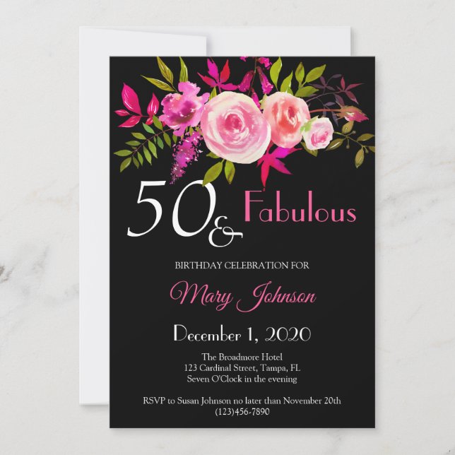 Elegant Floral 50 & fabelhafte Einladung zum Gebur (Vorderseite)