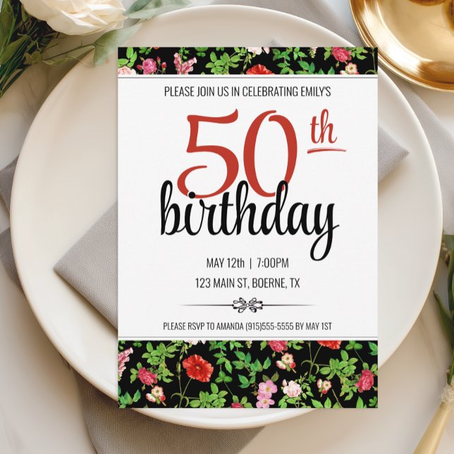 Elegant Floral 50. Geburtstag Einladung (Wildflower 50th Birthday Party Invite)