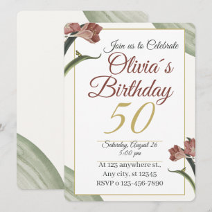 Elegant Floral 50. – Gold- und Rosé-Blume Einladung