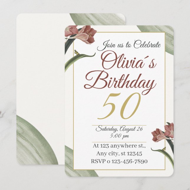 Elegant Floral 50th – Gold and Blush Flower Einladung (Vorne/Hinten)