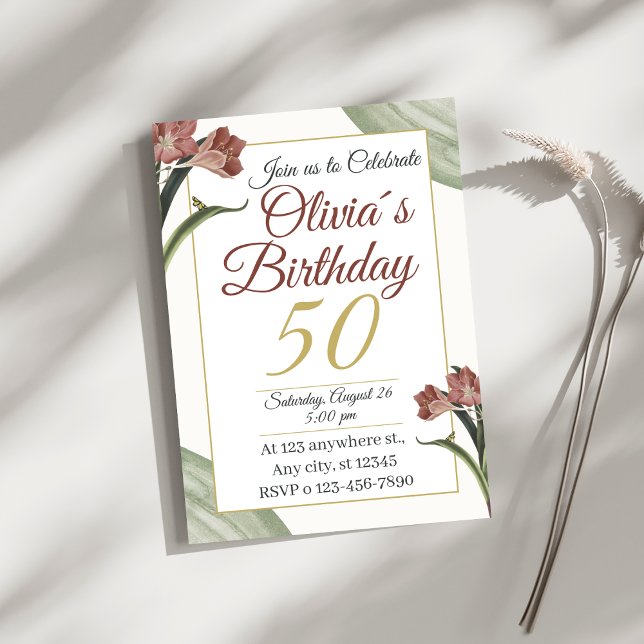 Elegant Floral 50th – Gold and Blush Flower Einladung (Von Creator hochgeladen)