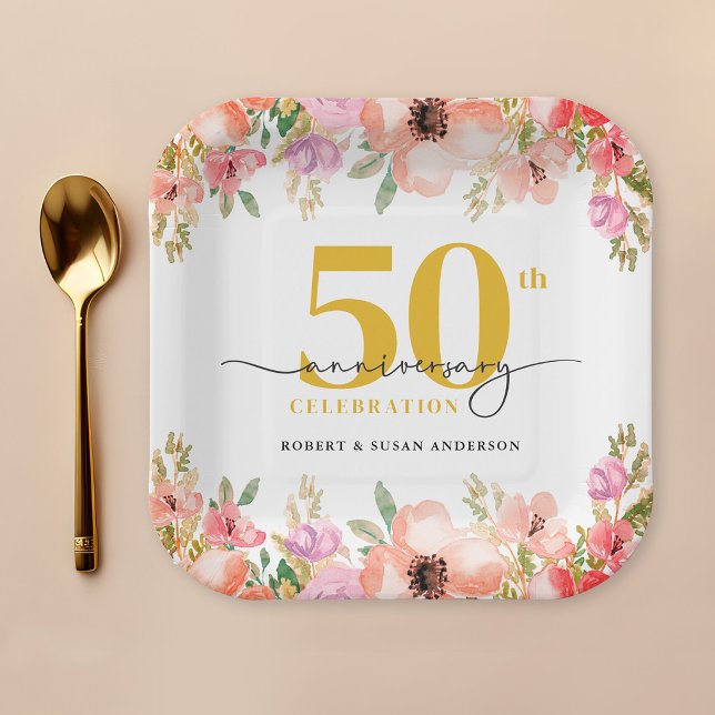 Elegant Floral 50th Wedding Anniversary Pappteller (Von Creator hochgeladen)