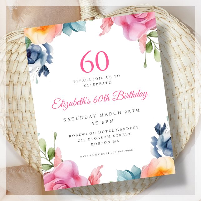 Elegant Floral 60. Geburtstag Budget Einladung (Von Creator hochgeladen)