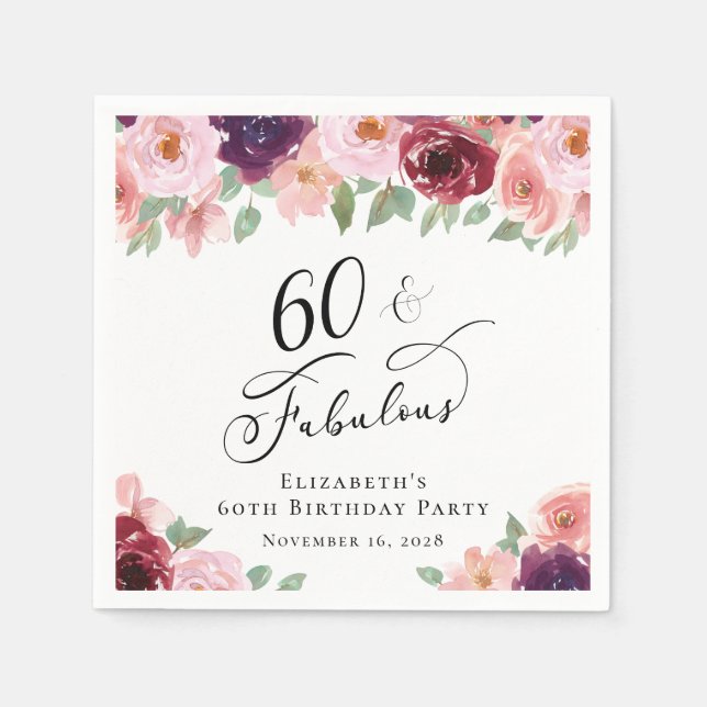 Elegant Floral 60. Geburtstagsparty Serviette (Vorderseite)
