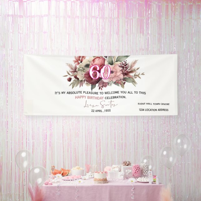 Elegant Floral 60th Happy Birthday Banner (Party)