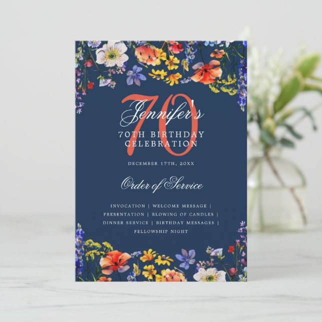 Elegant Floral 70. Geburtstag Programm Menu Navy (Stehend Vorderseite)