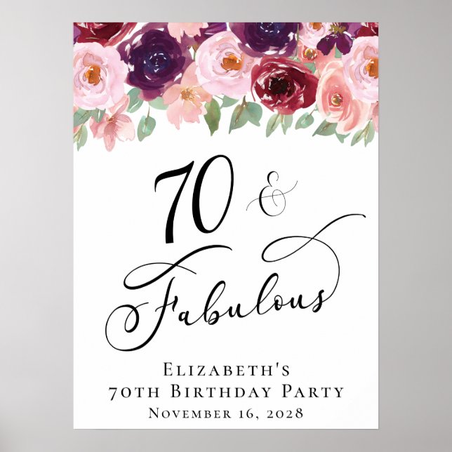 Elegant Floral 70. Geburtstagsparty Poster (Vorne)