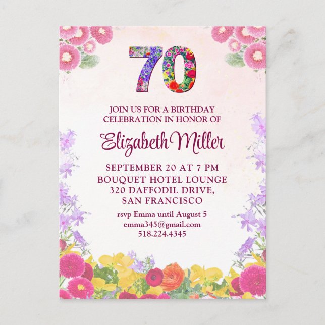 Elégant Floral 70e anniversaire de fête Invitation (Devant)