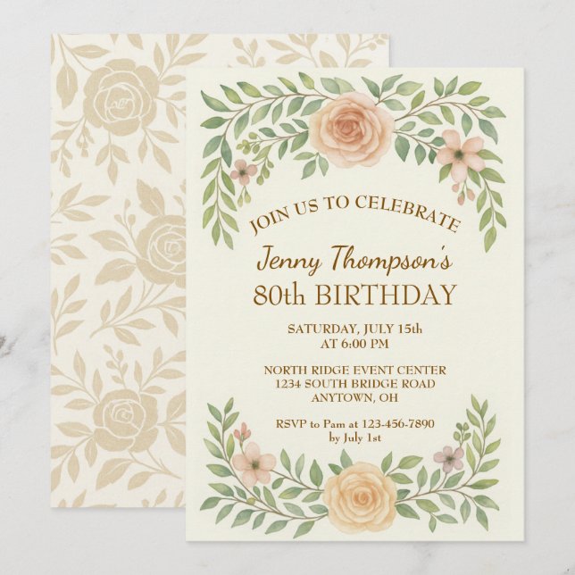 Elégant Floral 80e anniversaire de fête Invitation (Devant / Derrière)