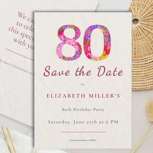 Elegant Floral 80th Birthday Save the Date Card (Von Creator hochgeladen)