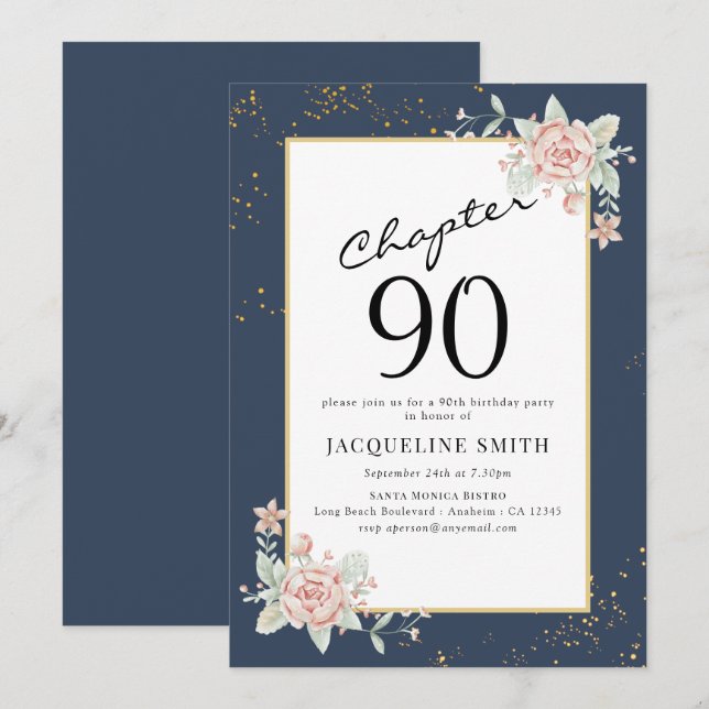 Elegant Floral 90. Geburtstag Einladung (Vorne/Hinten)