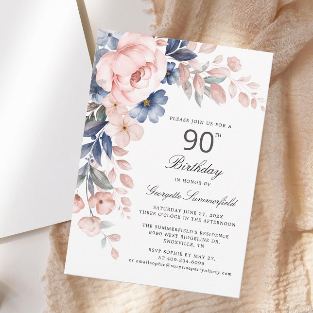 Elegant Floral 90. Geburtstag Einladung (Elegant Floral 90th Birthday Invitation)