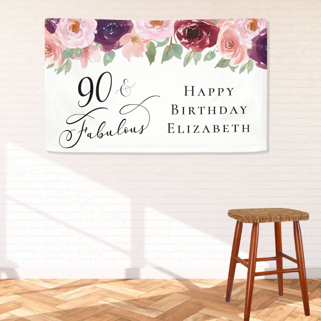 Elegant Floral 90. Geburtstagsparty Banner (Von Creator hochgeladen)