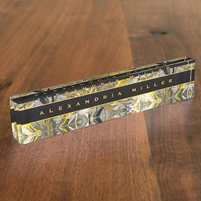 Elegant Floral | Abstraktes Schwarz/Gelb Namensplakette (Seite)