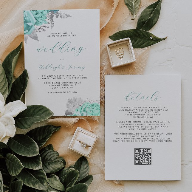 Elegant Floral Aqua Silver QR Code Wedding Einladung (Von Creator hochgeladen)