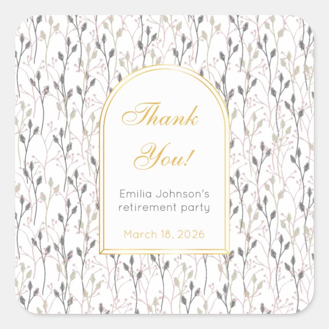 Elegant Floral Arch Retirement Party  Quadratischer Aufkleber (Vorderseite)