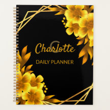 Élégant floral Automne noir & faux or jaune