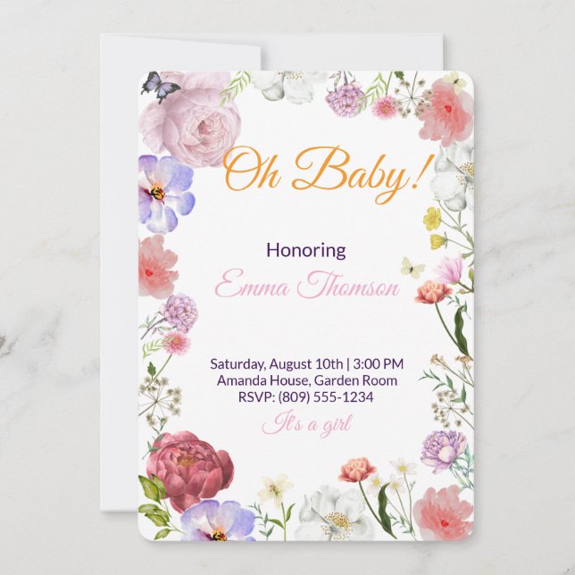 Elegant Floral Baby Shower Invitation – Watercolor (Devant)
