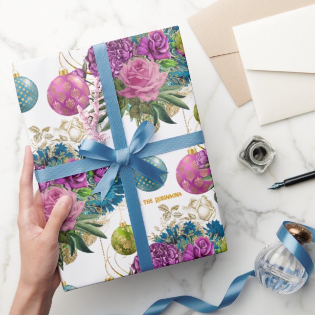 Elegant Floral Bauble Personalisiert Weihnachten Geschenkpapier (Schenken)
