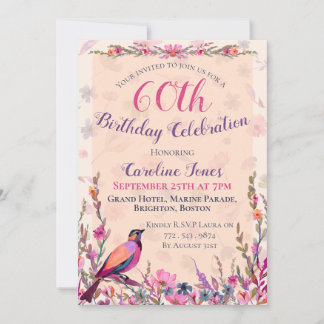 Elegant Floral Bird 60. Geburtstagsparty Einladung