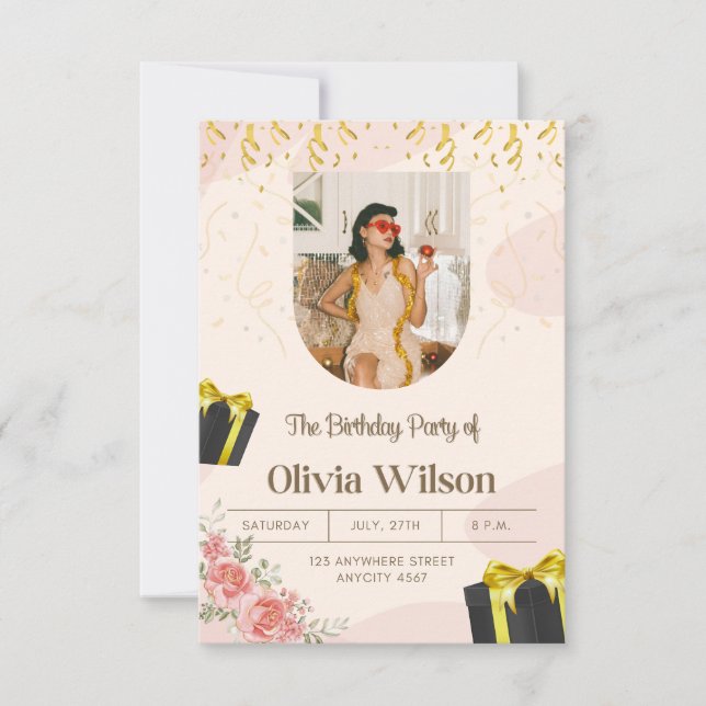 Elegant Floral Birthday Party Invitation Dankeskarte (Vorderseite)