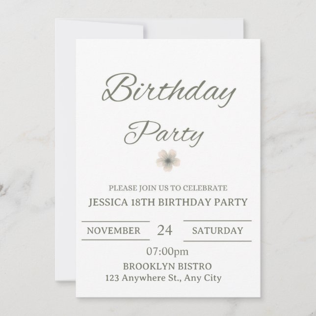 Elegant Floral Birthday Party Invitation – Minimal Einladung (Vorderseite)