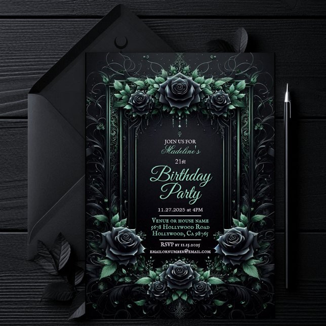 Elégant Floral Black and Green Party Invitation (gothic dark moody invitation, green and black floral roses invite, dark fantasy wedding bridal party)
