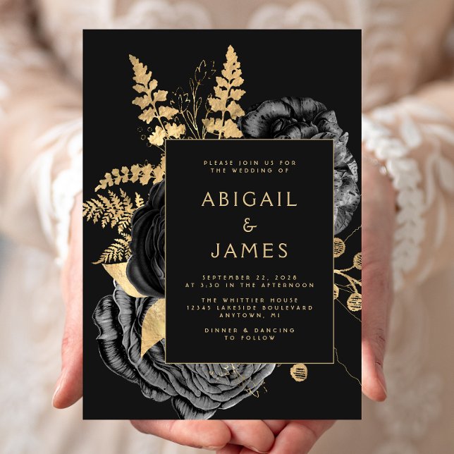Elegant Floral Black Gold Wedding Einladung (Von Creator hochgeladen)