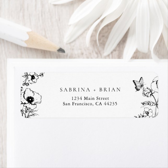 Elegant Floral Black White Wedding Return Address (Insitu)
