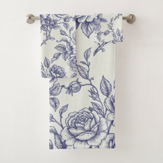 Elegant Floral Blue Cream Roses Toile de Jouy