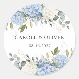 Elegant Floral Blue Hydrangea Grüne Hochzeit Runder Aufkleber