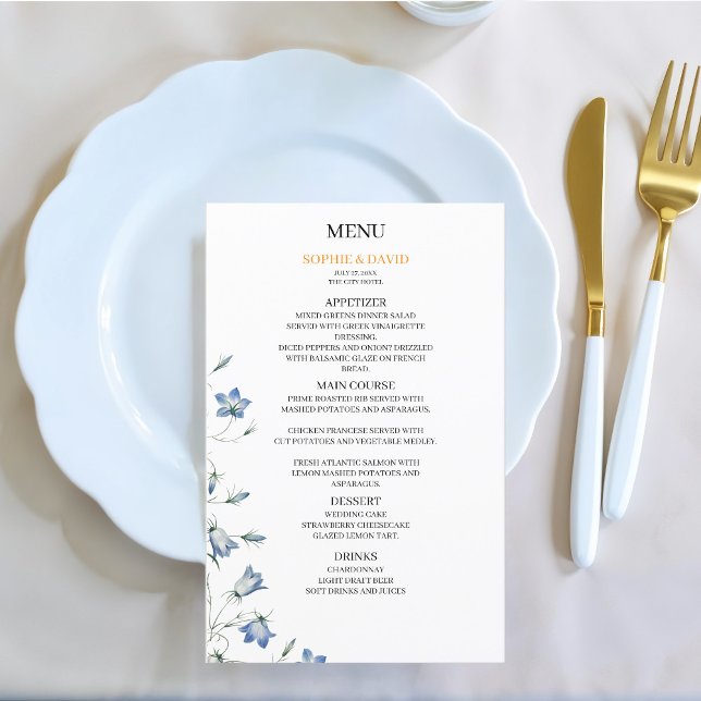 Elégant Floral Blue Mariage Budget Menu (Créateur téléchargé)