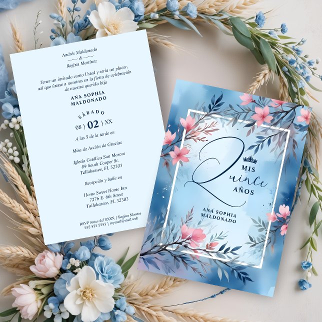 Elegant Floral Blue & Pink Romantic Frame XV's Einladung (Elegant Floral Blue & Pink Romantic Frame Mis XV Años Invitations Cards in Spanish.)