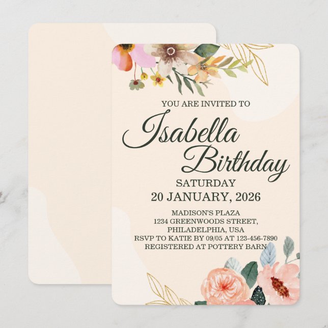 Elegant Floral – Blush and Peach Watercolor Flower Einladung (Vorne/Hinten)