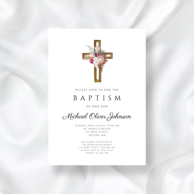 Elegant Floral Boho Cross Taufe Einladung (Elegant Floral Boho Cross Baptism Invitation)