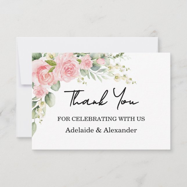 Elegant Floral Botanical Rose Pink Wedding Dankeskarte (Vorderseite)