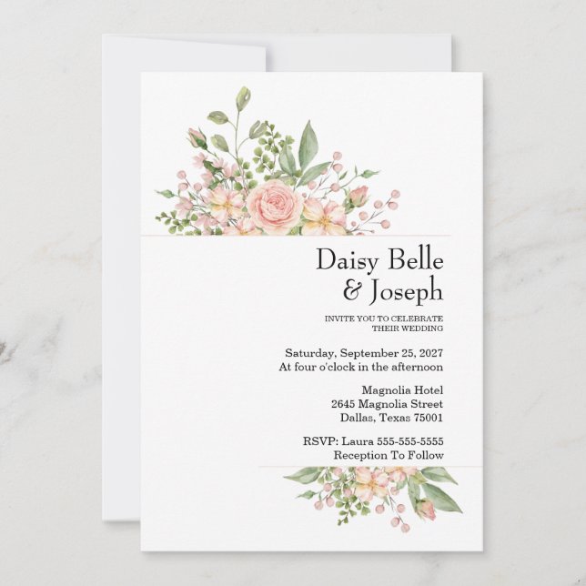 Elegant Floral Botanical Rose Pink Wedding Einladung (Vorderseite)