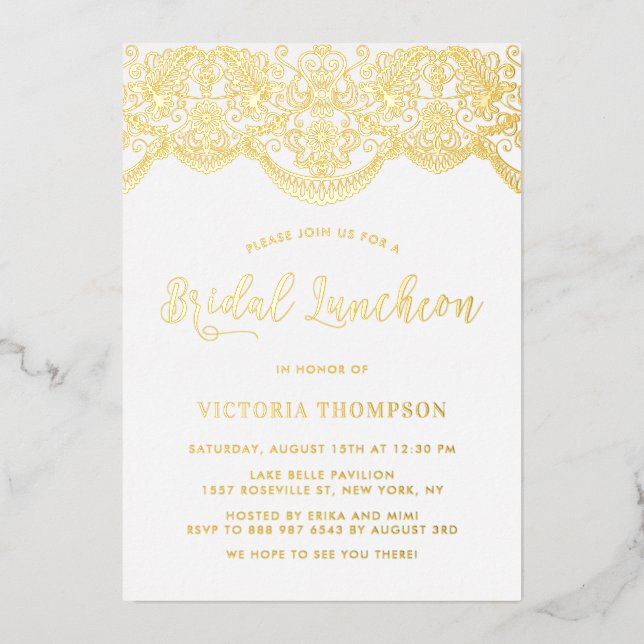 Elegant Floral Brocade Lace Bridal Luncheon Folieneinladung (Vorderseite)