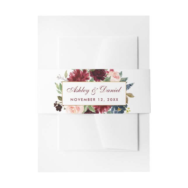 Elegant Floral Burgundy Blue Wedding Einladungsbanderole (Vorderseite Beispiel)