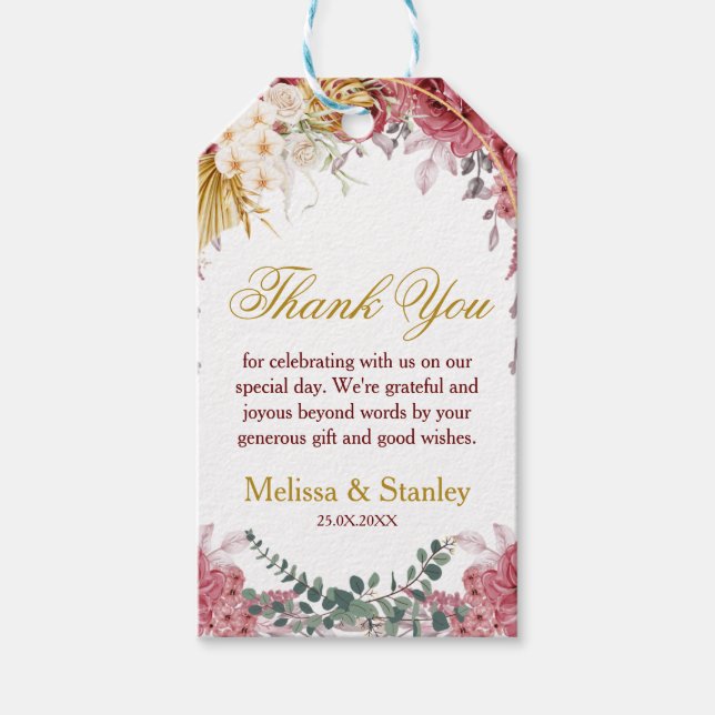 Elegant Floral Burgundy Gold Eukalyptus Wedding Geschenkanhänger (Vorderseite)