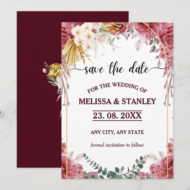 Elegant Floral Burgundy Gold Eukalyptus Wedding Save The Date (Vorne/Hinten)
