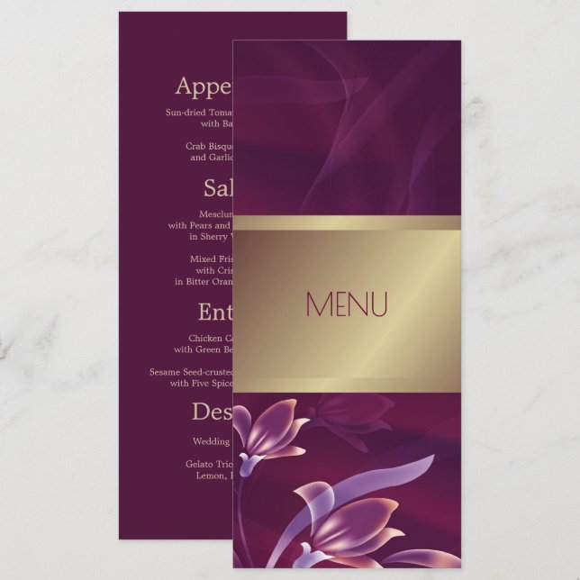 Elegant Floral Burgundy | Gold Menu Card Menükarte (Vorne/Hinten)