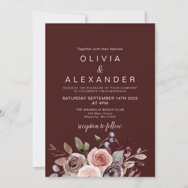 Elegant Floral burgundy Hochzeit Einladung (Vorderseite)