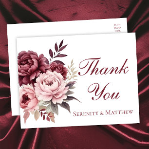 Elegant Floral Burgundy Peony Wedding Vielen Dank Postkarte