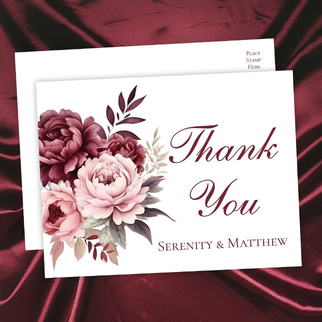 Elegant Floral Burgundy Peony Wedding Vielen Dank Postkarte (Von Creator hochgeladen)