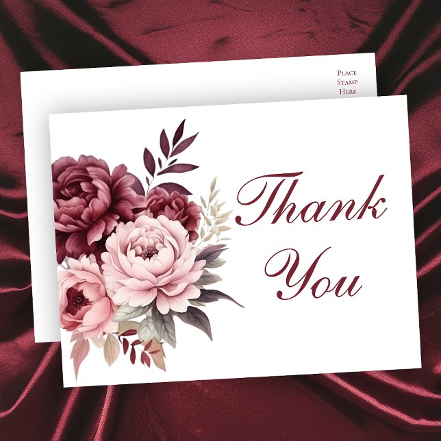Elegant Floral Burgundy Peony Wedding Vielen Dank Postkarte (Von Creator hochgeladen)